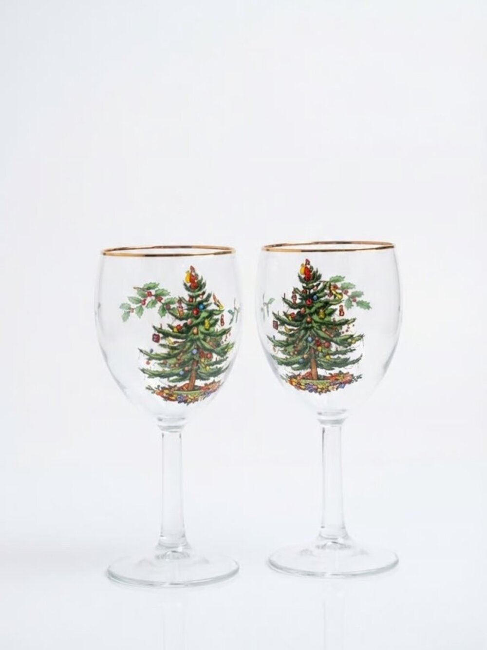 Set of 2 vintage Spode "Christmas Tree" Gold Rim Wine Goblets